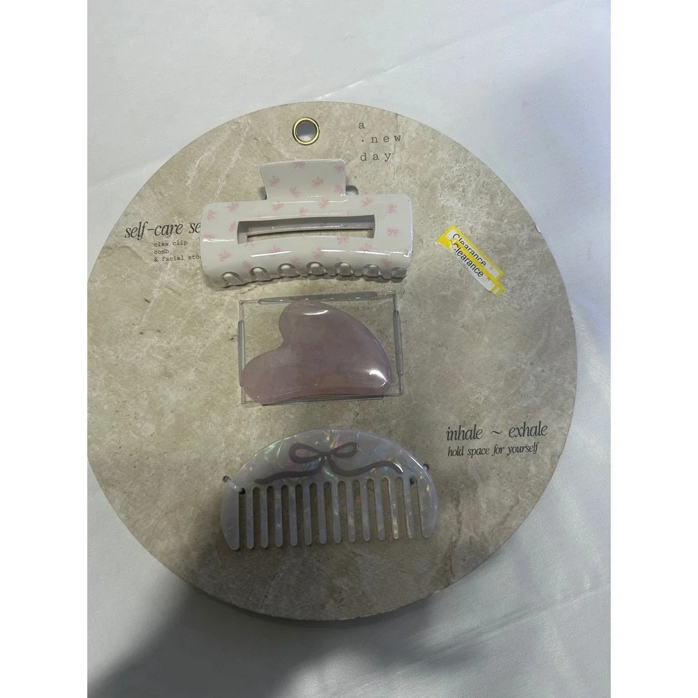 A New Day Self-Care Set Claw Clip Gua Sha Facial Stone Hair Comb Pink Bows NWT